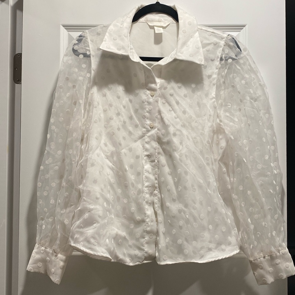 H&M White polka dot sheer long sleeve top